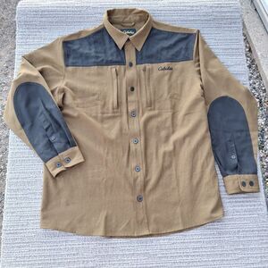 Cabelas Men XL Long Sleeve Shooting Hunting Shirt Tan Navy Quilted Patch Padded